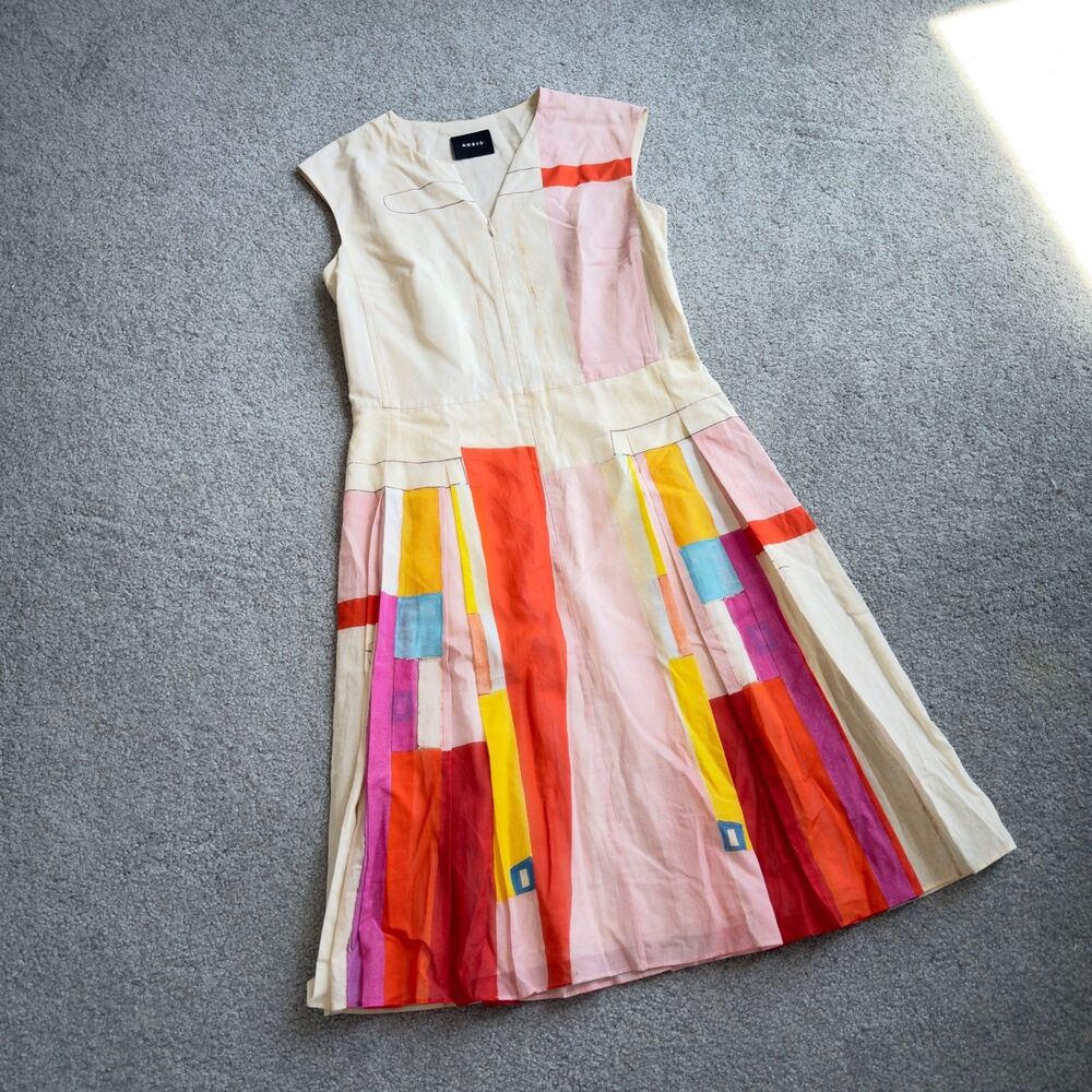 Akris Mural-Print 100% Cotton Pleated Dress Colorful Summer Designer MED